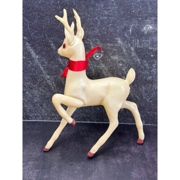 Vintage Large White Plastic Prancing Reindeer Pink Ears Mouth Midcentury 12" - Picture 9 of 12